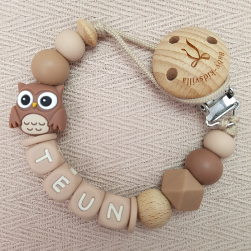 Speenkoord met naam jongen uil melkchocolade