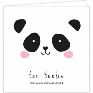 een dubbele kaart met een panda en de tekst een beebie hartelijk gefeliciteerd