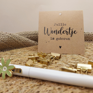Schattig mini kaartje met de tekst 'Jullie wondertje is geboren' – perfect om een kraamcadeau extra persoonlijk en liefdevol te maken.