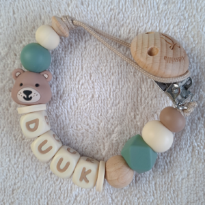 Speenkoord met naam jongen beer donker oudgroen