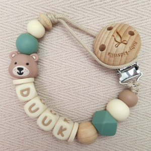 Speenkoord met naam jongen beer donker oudgroen