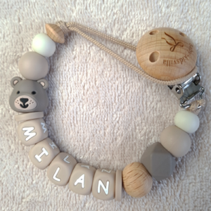Speenkoord met naam jongen beer taupe