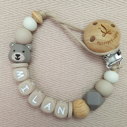 Speenkoord met naam jongen beer taupe