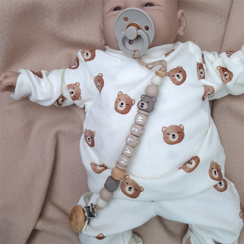 Speenkoord met naam voor jongen beer taupe, BPA-vrije siliconen kralen, altijd de speen in de buurt.