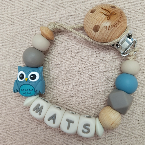Speenkoord met naam jongen uil artic blue