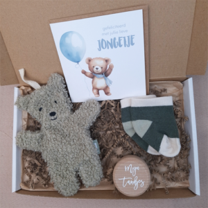 Brievenbus kraamcadeau jongen speendoekje beer salie