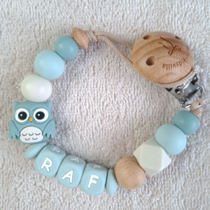 Speenkoord met naam jongen uil grijsblauw