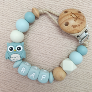 Speenkoord met naam jongen uil grijsblauw