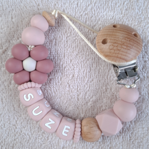 Speenkoord met naam meisje bloem donker oudroze