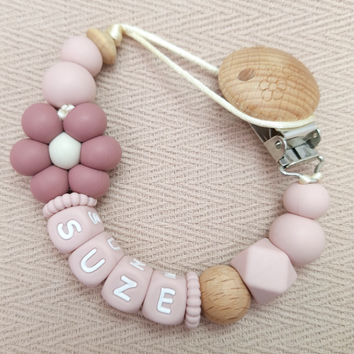 Speenkoord met naam meisje bloem donker oudroze