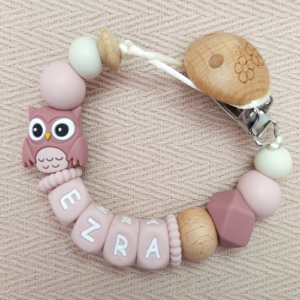 Speenkoord met naam meisje uil donker oudroze