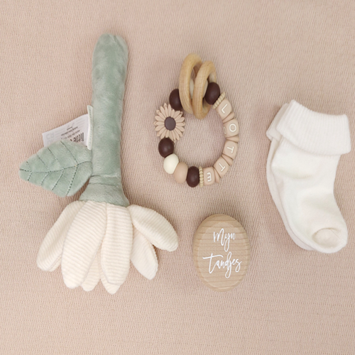 Kraamcadeau voor een meisje met zachte rammelaar bloem wit van Little Dutch, gepersonaliseerd bijtring meisje met daisy naam in de kleur choco, babysokjes en tandendoosje.