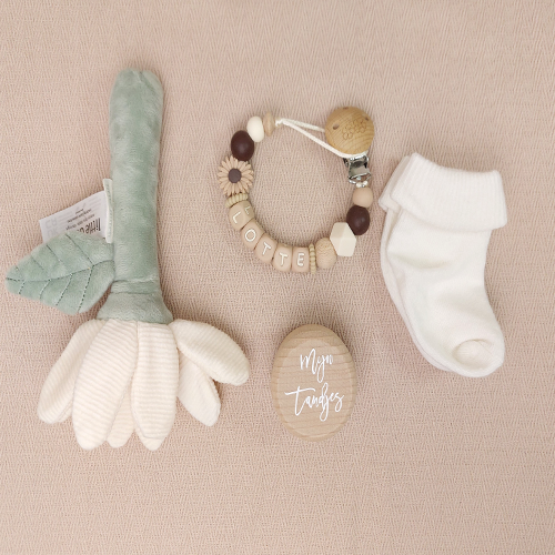 Kraamcadeau voor een meisje met zachte rammelaar bloem wit van Little Dutch, gepersonaliseerd speenkoord meisje met daisy naam in de kleur choco, babysokjes en tandendoosje.