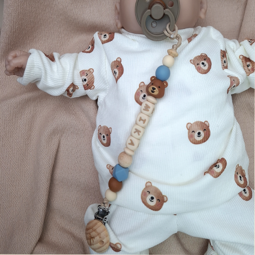 Speenkoord met naam voor jongen beer licht bruin, BPA-vrije siliconen kralen, altijd de speen in de buurt.