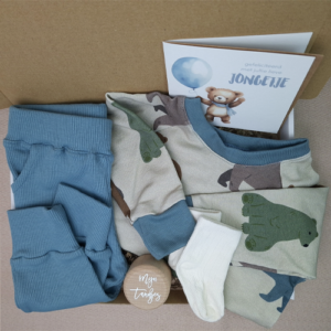 Brievenbus kraamcadeau jongen babykleding beren grijsblauw
