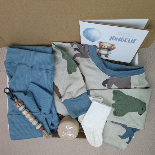 Brievenbus kraamcadeau jongen babykleding beren grijsblauw - Afbeelding 4