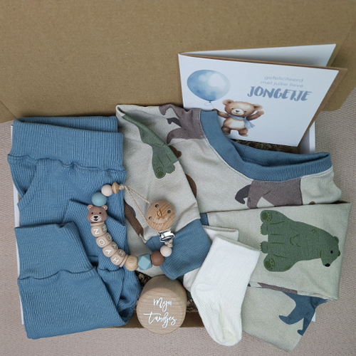 Brievenbus kraamcadeau jongen babykleding beren grijsblauw - Afbeelding 3
