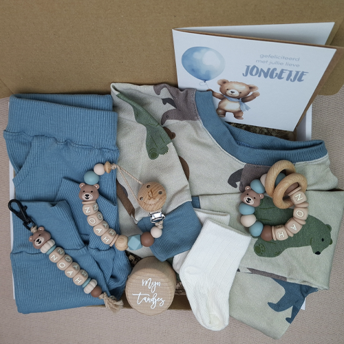 Brievenbus kraamcadeau jongen babykleding beren grijsblauw - Afbeelding 5