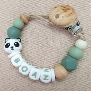 Speenkoord met naam jongen pandabeer donker oudgroen