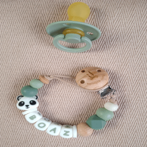 Speenkoord met naam jongen pandabeer donker oudgroen