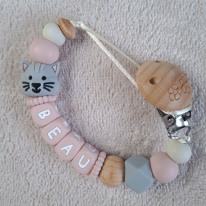 Speenkoord met naam meisje poes licht grijs