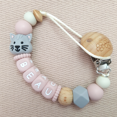 Speenkoord met naam meisje poes licht grijs