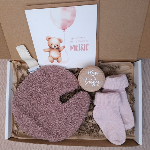 Brievenbus kraamcadeau meisje speendoekje maan roze