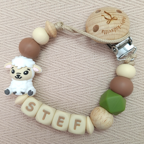 Speenkoord met naam jongen schaap olijfgroen