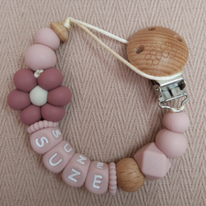 Speenkoord met naam meisje bloem donker oudroze